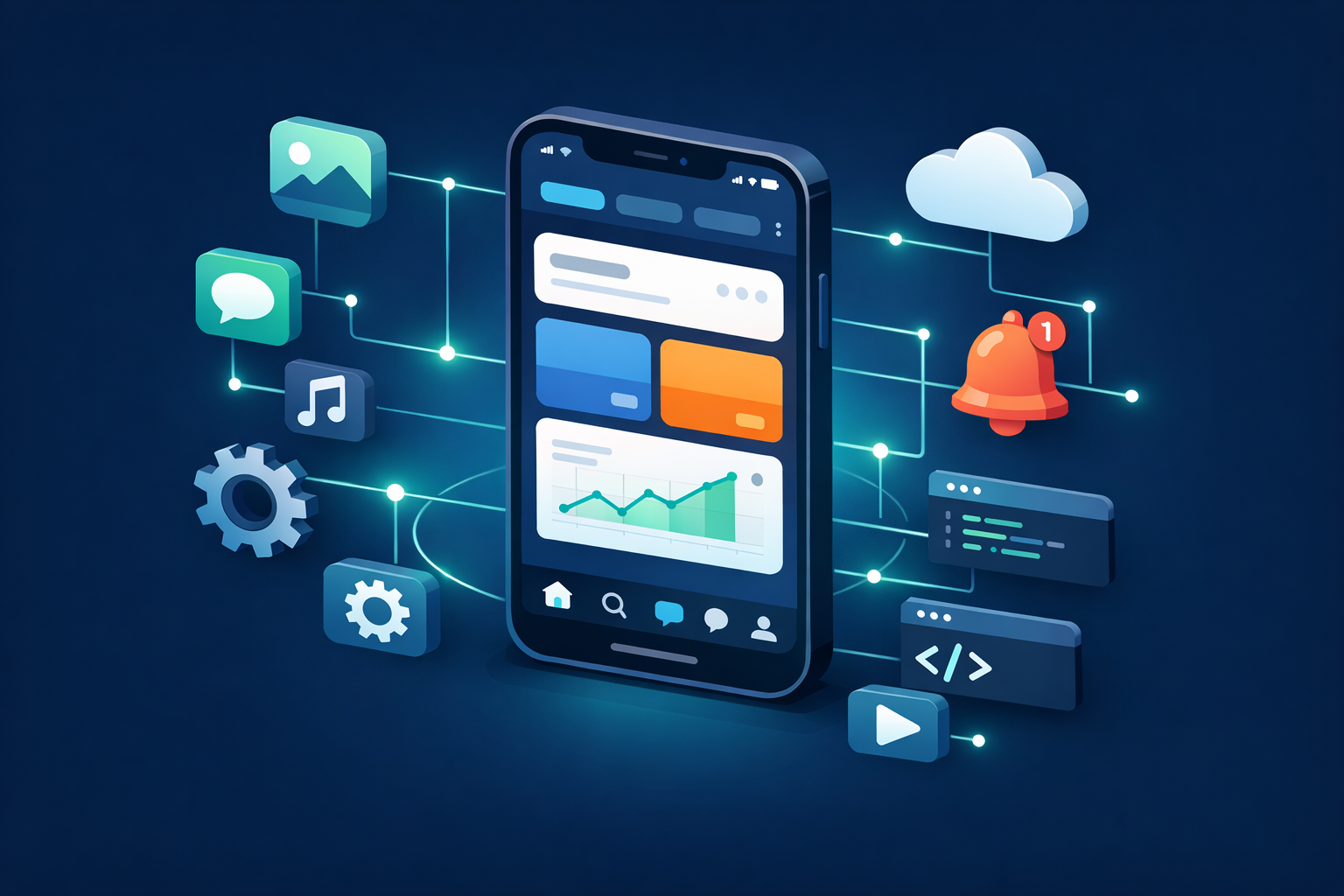 Desenvolvimento de aplicativos para Android e iOS — smartphone com interface de app e ícones de funcionalidades flutuando
