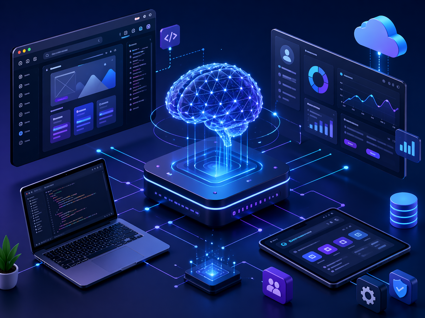 Plataforma digital gerenciada por inteligência artificial — dashboards, dados em nuvem e automação inteligente